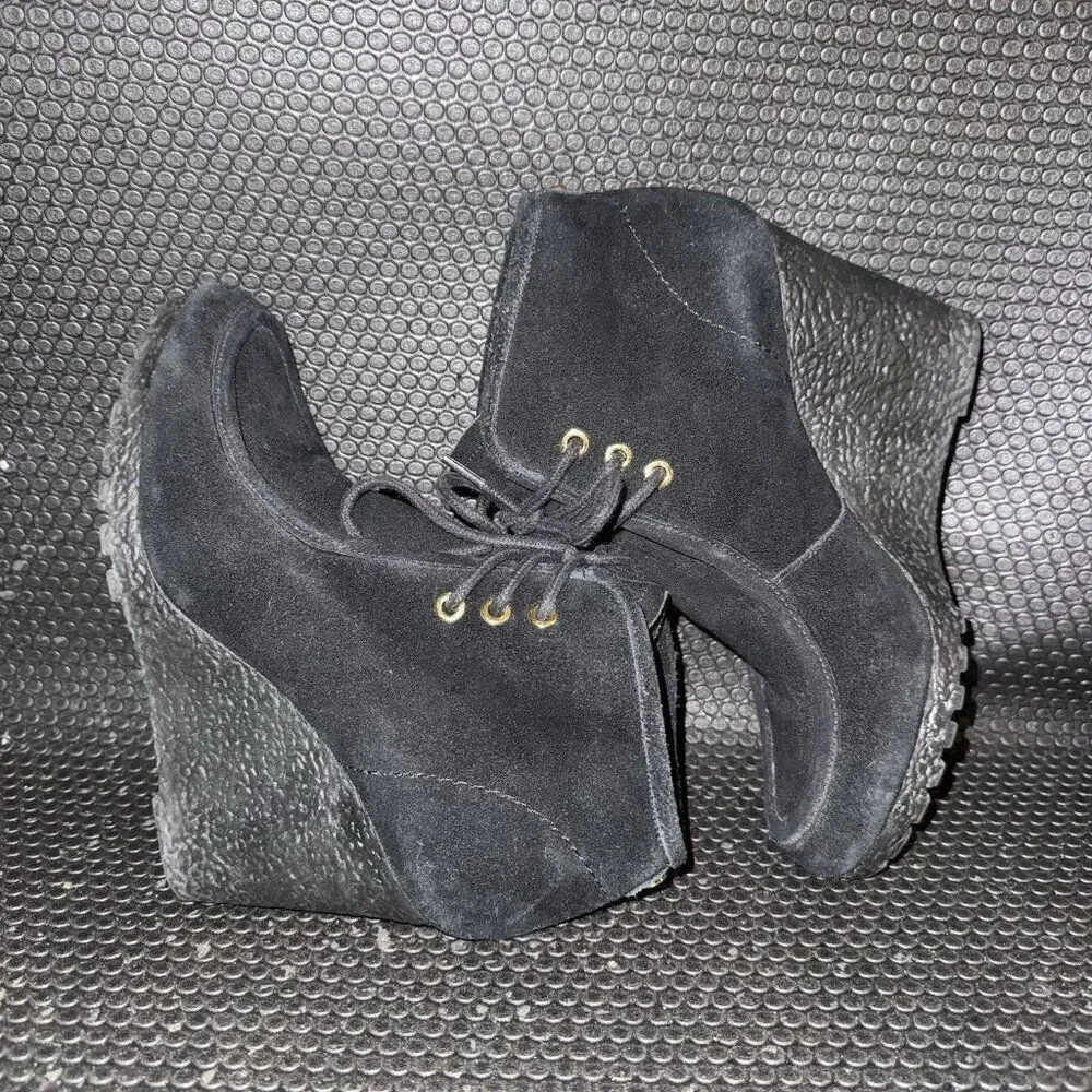 Michael Kors Black Suede Wedge Booties Gold Accent Comfort Shoe Womens Size 6.5M
